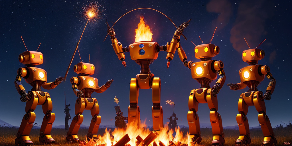 An AI-generated image of robots dancing around a bonfire while one of them stands in its flames.