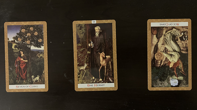 The Seven of Coins, the Hermit, the Ace of Coins (reversed).